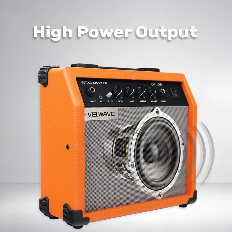 VELWAVE Electric Guitar Amplifier 20W Orange Portable Smart amp 6.5'' Speaker 6.5mm Input 3.5mm aux Drive gain bass Treble Volume and Headphone Jack Practice amp - Image 4